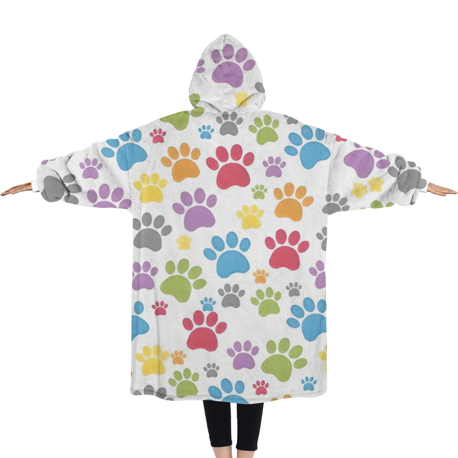 Oversized Wearable Blanket Hoodie,White Dog Paw Footprint Sherpa Blanket Hoodie with Super Pockets,Super Warm Fuzzy Pullover for Women & Men