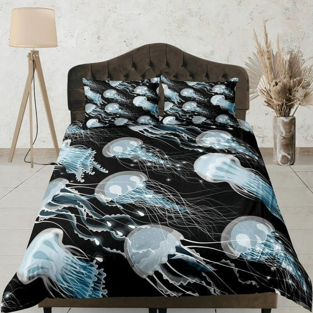 Ropa de Cama Medusa Azul Funda Nórdica Negra, Juego de Cama Océano Blush Animales Marinos