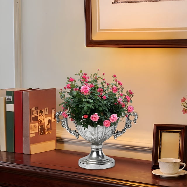Vase de Hierro, Centro de Mesa de Acero Inoxidable, Estilo Moderno para Eventos de Boda, oficinas y hogar, con Base de Madera, Dise?o 2-Tier, Resistente, para Decoración de Interiores, Alta