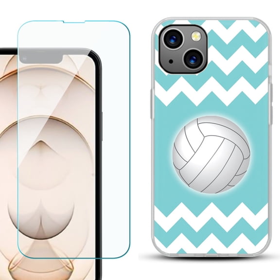 Slim-Fit Flexible TPU Gel Phone Case for iPhone 13, with Tempered Glass Screen Protector, by OneToughShield ® - Chevron/Volleyball