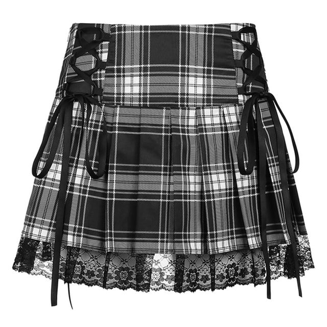 ITFABS Jupe Décontractée pour Femme en Ligne A, Jupe Plissée à Lacets à la Taille Ourlet en Maille à Carreaux