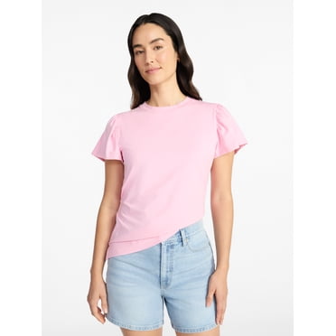 Time and Tru Women's Crewneck Top with Short Flutter Sleeves, Sizes XS-XXXL
