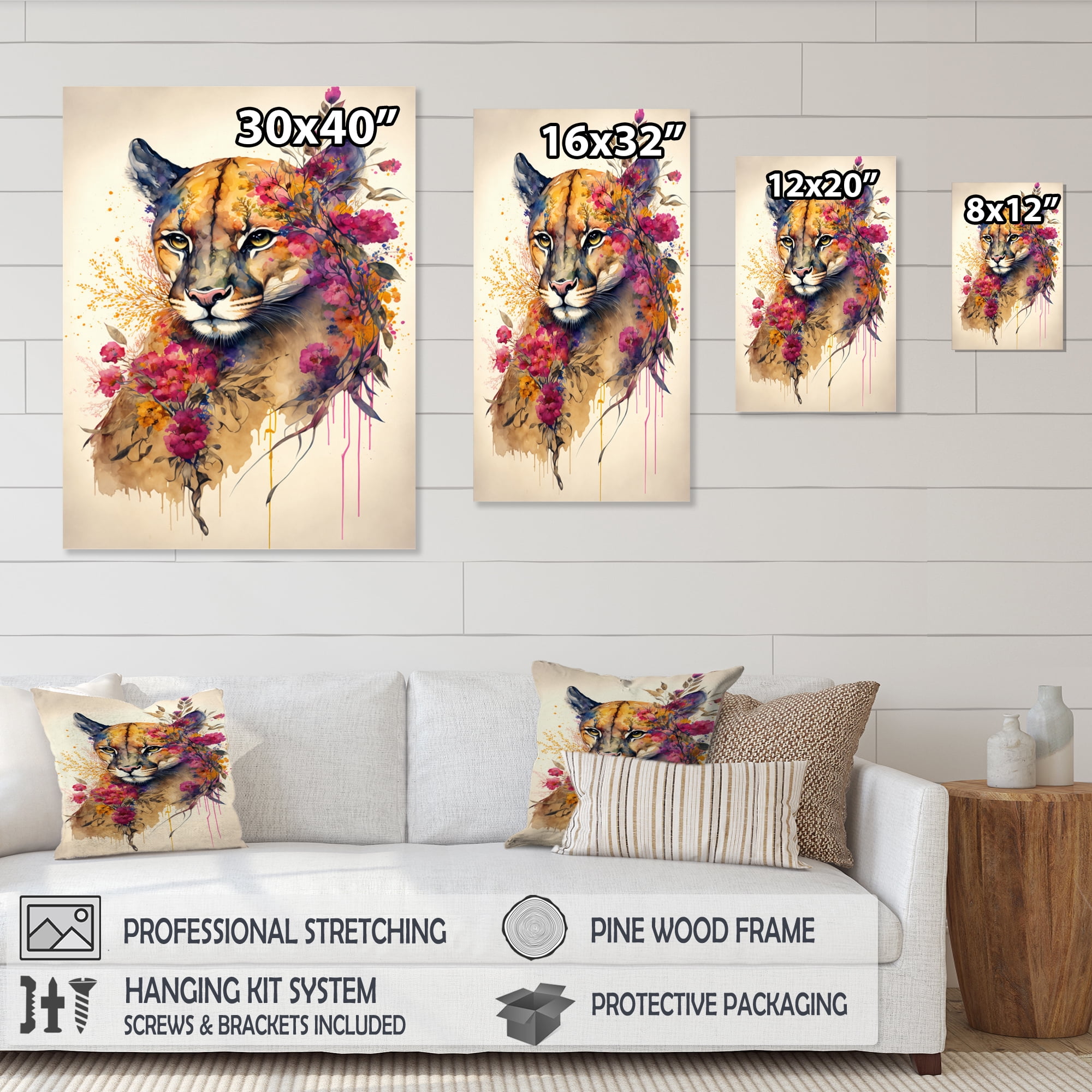 Designart Cute Puma Floral Art II Canvas Wall Art
