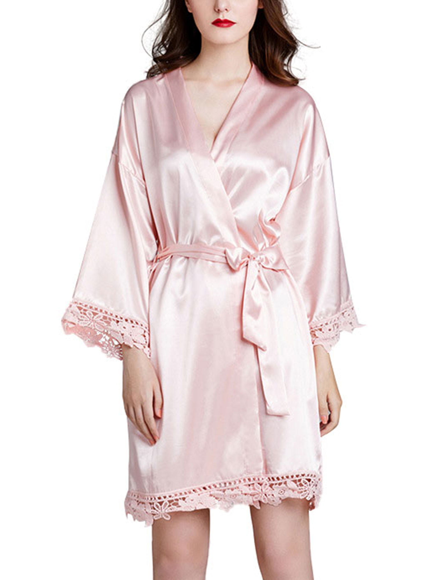 Womens Satin Robe,Womens Lace-Trimmed Satin Short Kimono Robe Bathrobe Loungewear