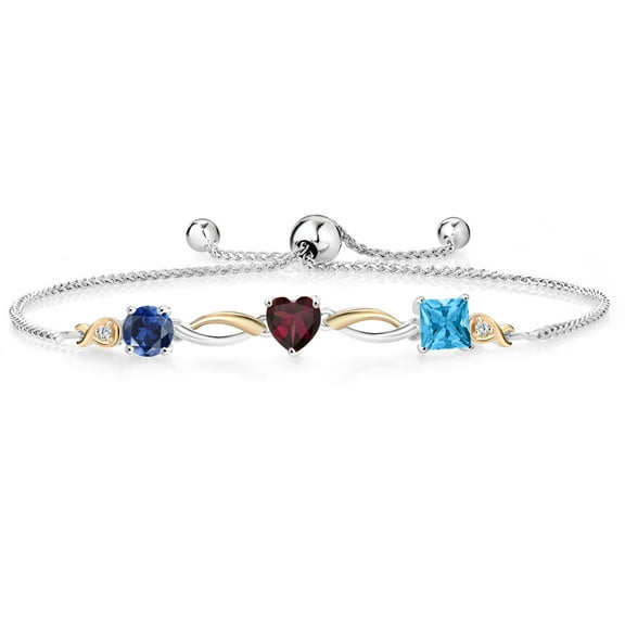 925 Silver and 10K Yellow Gold Blue Created Sapphire Red Rhodolite Garnet Swiss Blue Topaz and Lab Grown Diamond Tennis Bracelet for Women By Keren Hanan (2.12 cttw, Adjustable up To 9 inch)