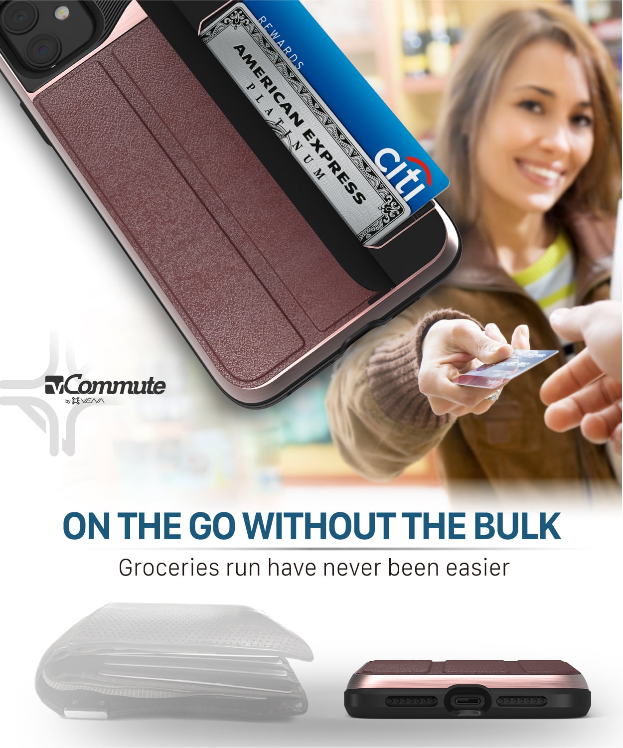 Vena vCommute Wallet Case Compatible with Apple iPhone 11 (6.1"-inch 2019), (Military Grade Drop Protection) Flip Leather Cover Card Slot Holder with Kickstand - Rose Gold