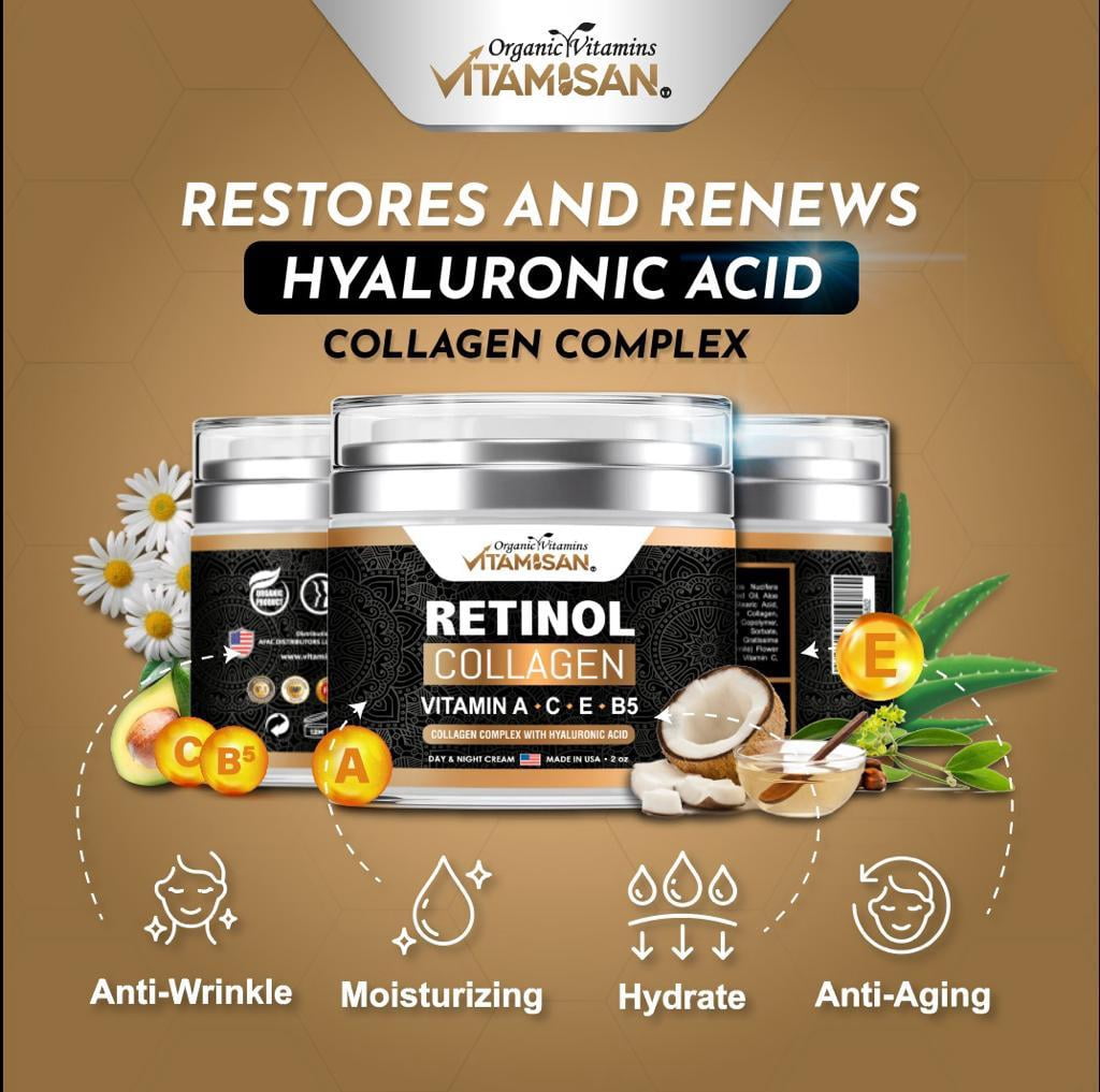 Vitamisan Retinol Collagen Cream with Hyaluronic Acid, Vitamin A C E B5 – Anti Aging Face Moisturizer, Hydrating Day & Night Cream for All Skin Types – 2 oz