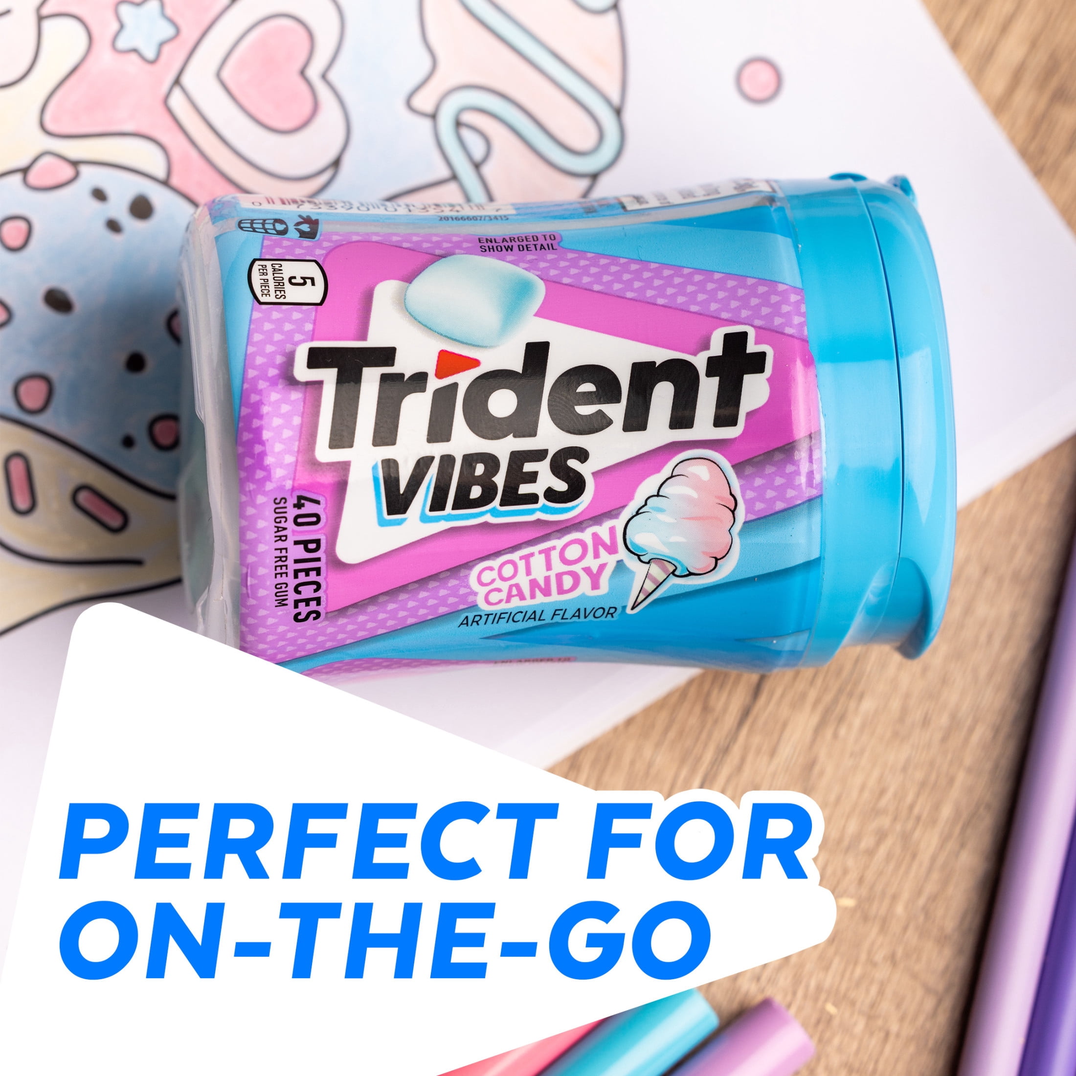 Trident Vibes Sugar Free Gum, Cotton Candy, Regular Size, 40 Piece Bottle