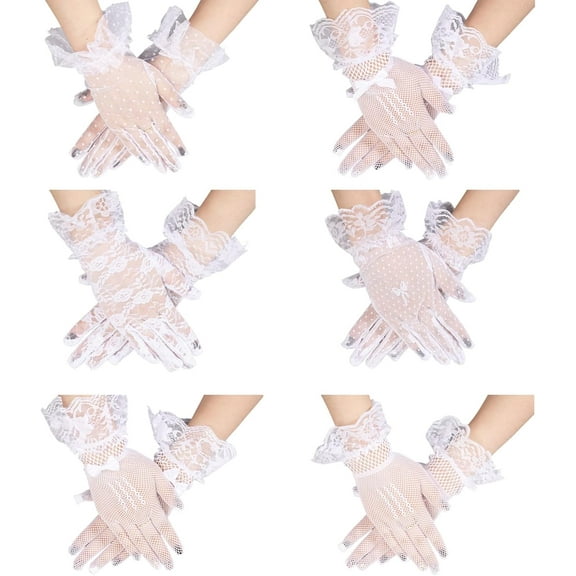 6 Pairs 6 Styles Polyester Lace Gloves Women Tea Party Gloves Elegant White Gloves Vintage Wedding Lace Gloves for Women Halloween Wedding Tea Party