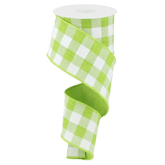Plaid Check Wired Edge Ribbon - 10 Yards (Lime Green, White, 2.5 Inches)TR72240-33
