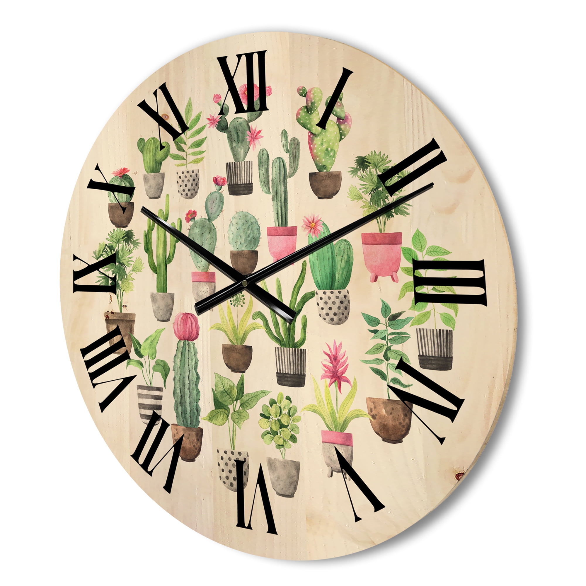 Designart 'Cactus In Ceramic Pots In Gentle Tones II' Traditional Wood Wall Clock