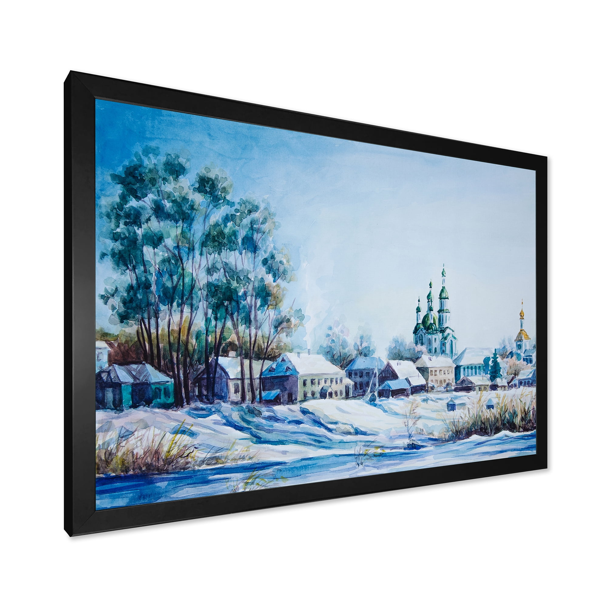 Designart 'Small Town Covered In Snow In Winter Times' Traditional Framed Art Print