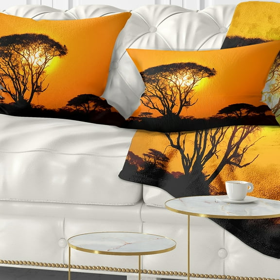 Designart Beautiful African Sunset in Savannah - African Landscape Printed Throw Pillow - 12x20