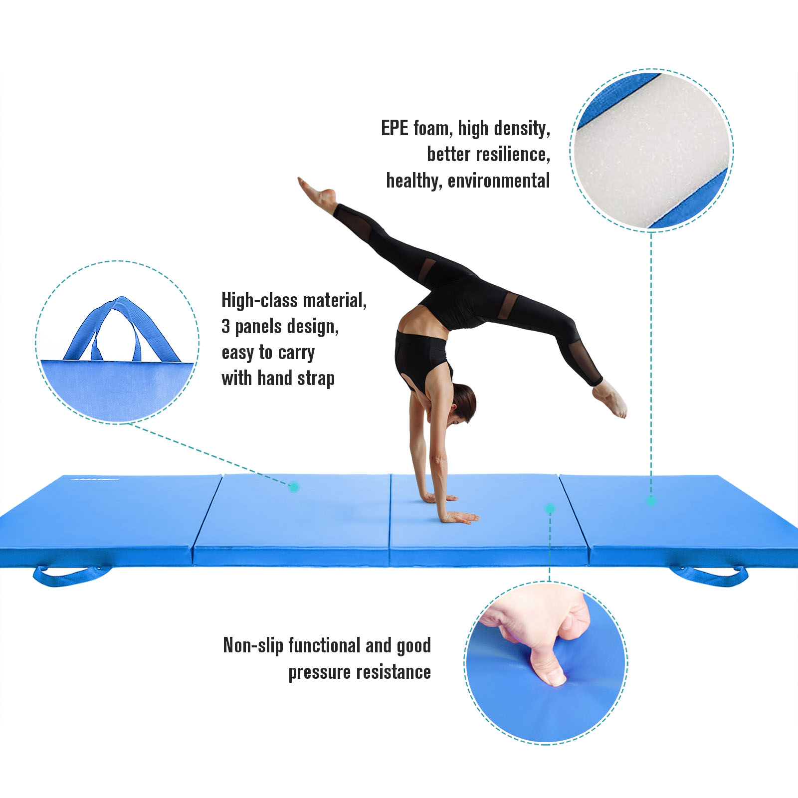RitFit 4' x 8' Folding Gymnastics Mat with Carrying Handles for Yoga, Stretching, Core Workouts(Blue)