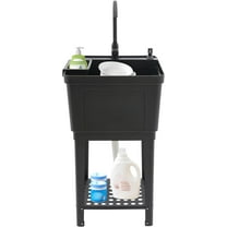 Utility Sink with Faucet, Freestanding Plastic Laundry Sink with Soap Box & Storage Rack, PP Kitchen Space Saving Laundry Tub Wash Tub Outdoor Sink for Laundry Room & Garage (Black)