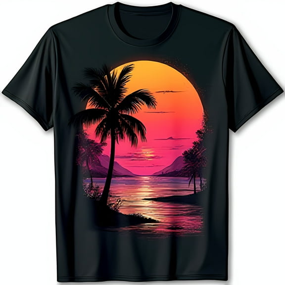 Vibrant Sunset Tree Black T-Shirt Tropical Paradise Graphic Tee