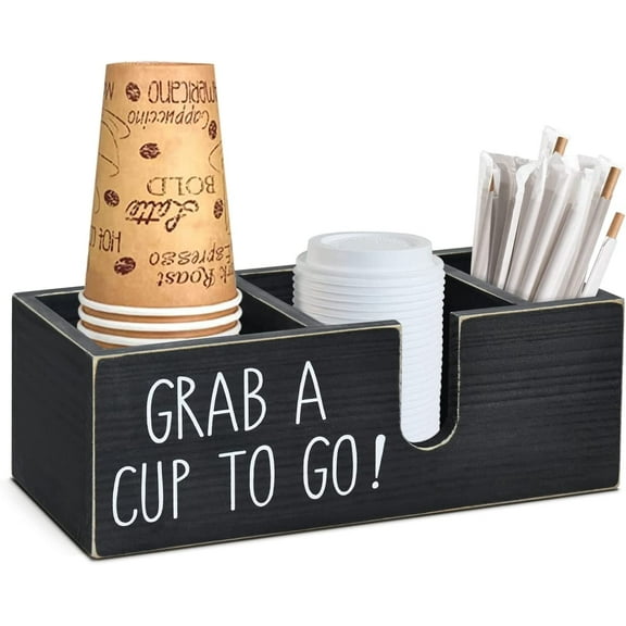 Coffee Station Organizer for Countertop, Cup and Lid Holder for Sleeve Pods Condiment, Wooden Disposable Cup Dispenser for Bar Accessories Organizer and Storage
