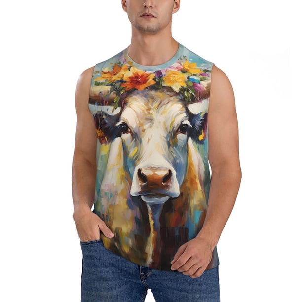 Fotbe Oil Painting Flower Cow Men's Camiseta sin Mangas Estampada para Hombres, Playera Casual para Gimnasio, Entrenamiento, Playa-Large