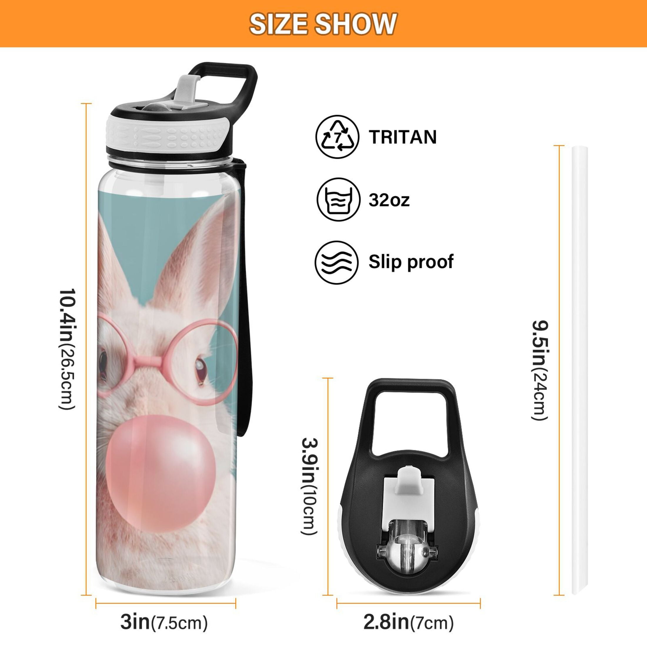 BZSMCE Sport Bottle Bubblegum Glasses Bunny Outdoor sports Water Bottle Size: 10.4x3in