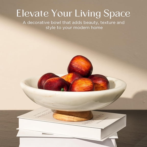 11" Marble Centerpiece Bowl with Wood Base   Special Offer   Stylish Entryway or Table Display   Housewarming Gift