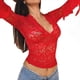 thumbnail image 3 of Top Corto Ajustado de Encaje con Escote en V Profundo y Larga para Mujer Rojo L, 3 of 9