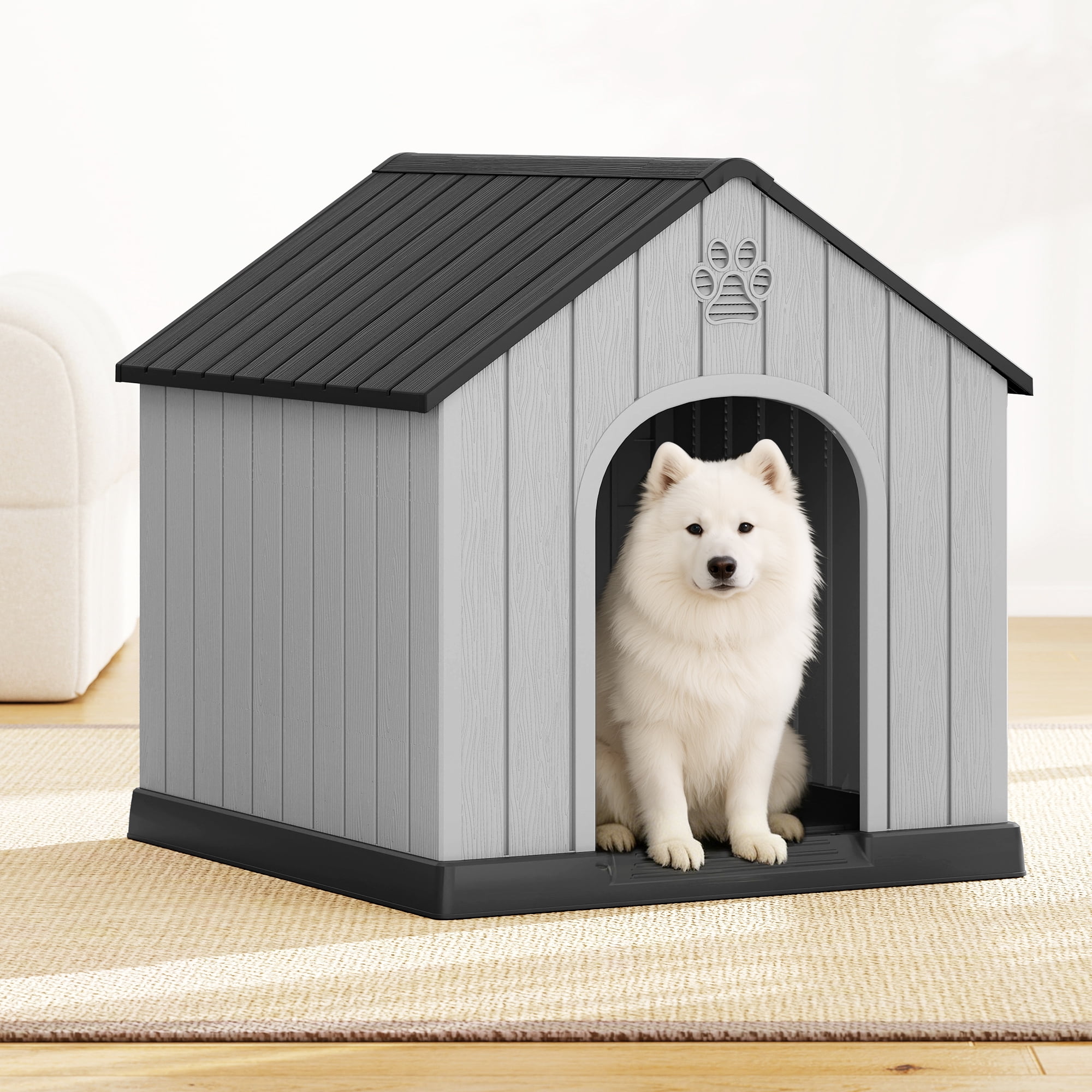 Bifanuo Large Dog House, PP Material Indoor Outdoor with Windows for Medium Large Dogs, Weatherproof Puppy Shelter with Elevated Floor & Air Vents, Easy Clean and Assemble (Black, 36.2"L×38"W×38"H)