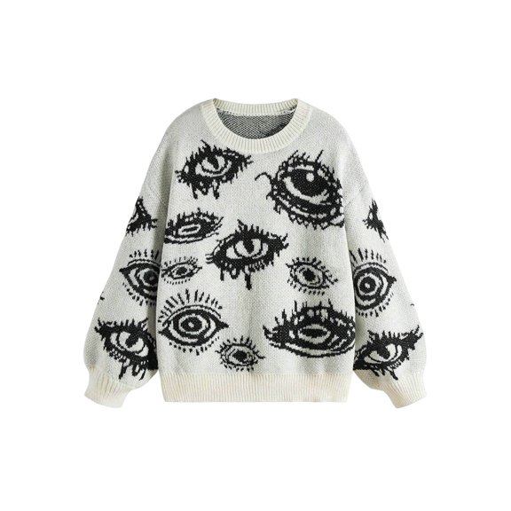 Women'S Oversized Eye Print Knit Crewneck Fall Pullover Sweaters White XL