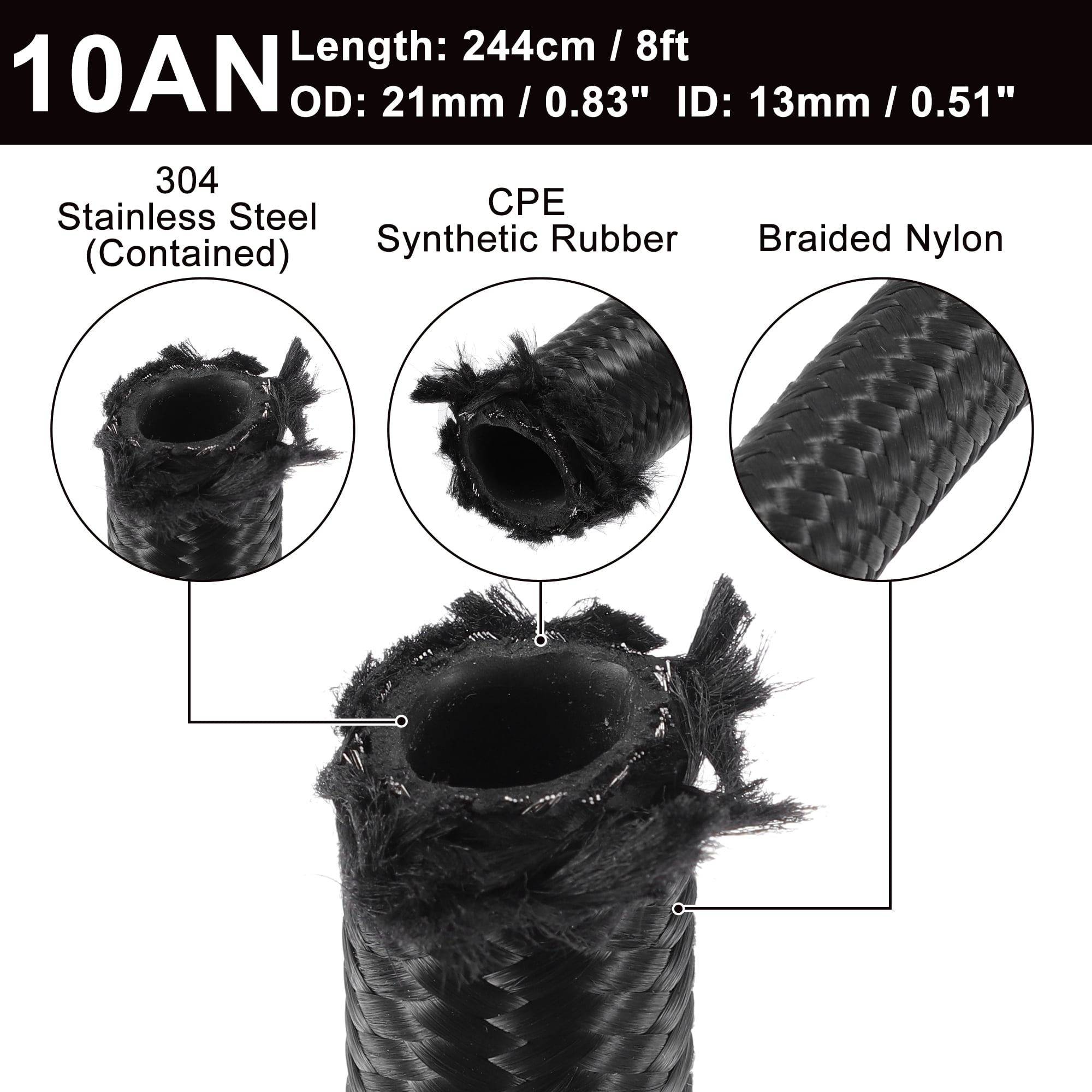 Unique Bargains 8ft 10AN Fuel Hose AN10 Universal Car Braided Nylon Stainless Steel CPE Oil Fuel Gas Line Hose Black