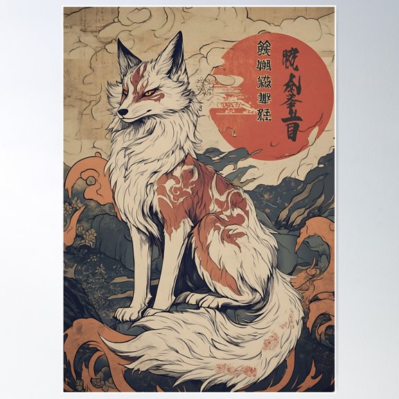 Japanese Kitsune Art: Starlight Trickster Fox Poster Wall Art, Modern Wall Decor For Living Room Bedroom, 8x12 UNFRAMED