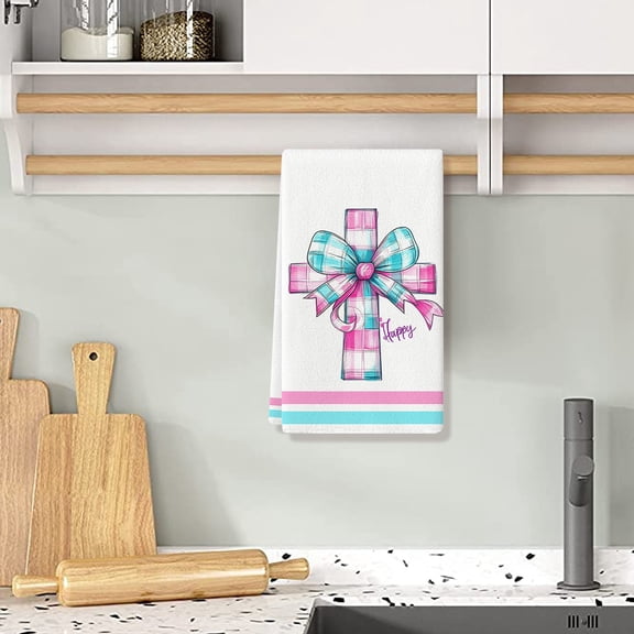 1PC Easter Kitchen Towels - Cute Rabbit & Easter Egg Pattern Dish Towels, Soft Absorbent Cotton Hand Drying Tea Towel for Spring Kitchen Decor, Holiday Party Supplies, 15 x 23 Inch