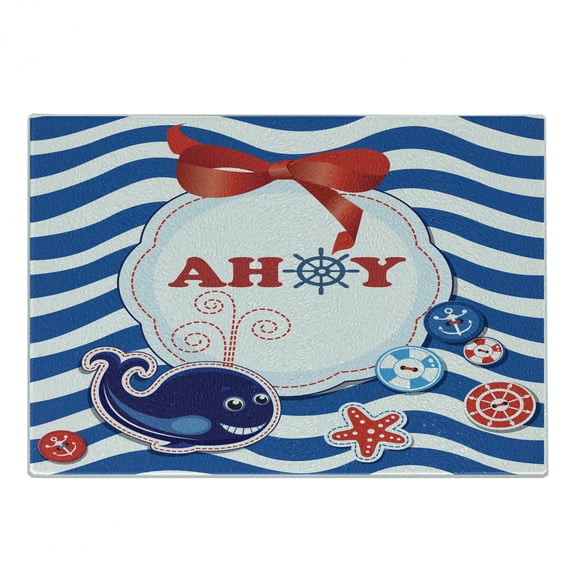 Nursery Cutting Board, Marine Themed Ahoy Lettering Childish Desgn with Whale, Decorative Tempered Glass Cutting and Serving Board, in 3 Sizes, by Ambesonne