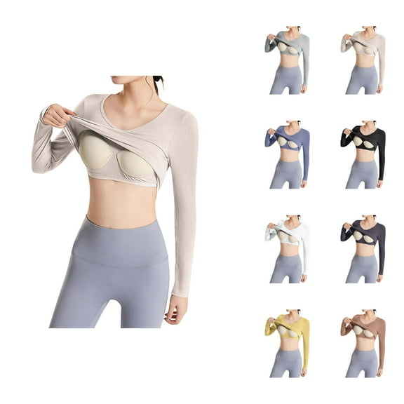 Fall Shirts for Women 2025 V-Neck Slim Fit Stretchy Cropped Basic Shirt with Built-in Bra Long Sleeve Shirts for Women