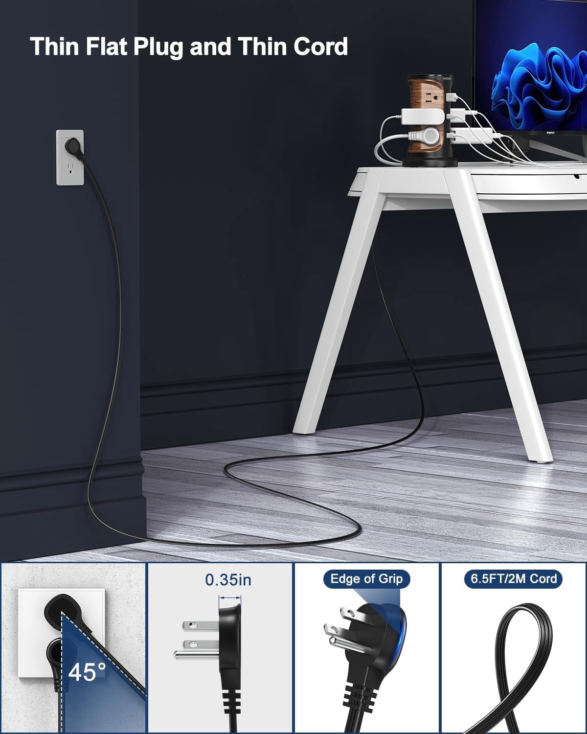Flat Plug Surge Protector Power Strip Tower with 12 Outlets 3 USB(2 Type C), 6.5 FT Ultra Flat Extension Cord with Multiple Outlets,  Station with Screw Wall Mount for  Office Dorm