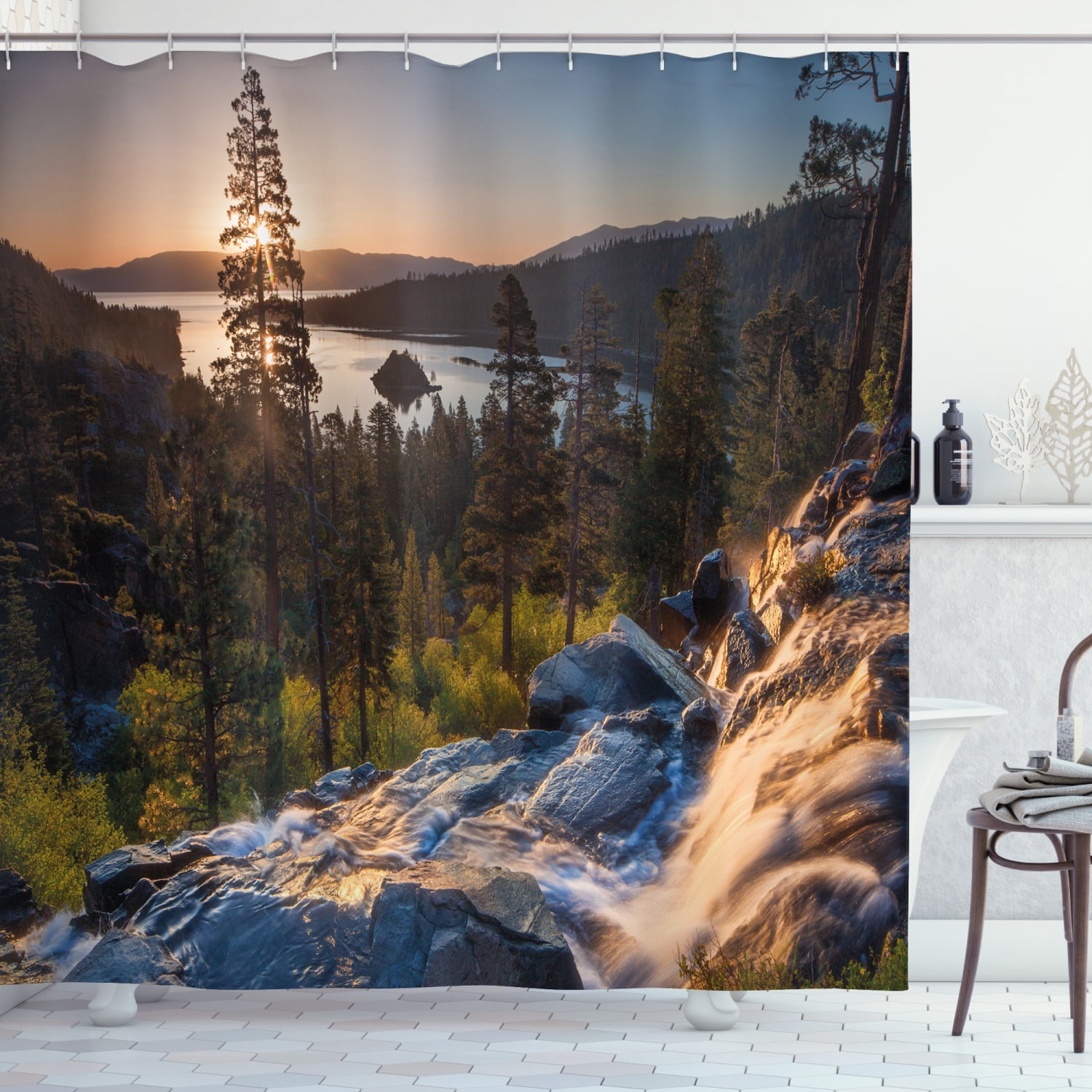 Lake Tahoe Shower Curtain, Idyllic American Landscape Waterfall into