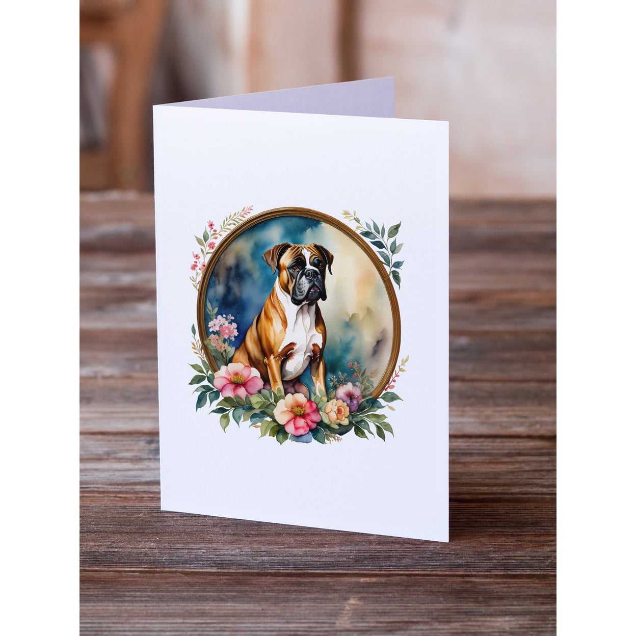 Boxer and Flowers Greeting Cards and Envelopes Pack of 8 7 in x 5 in