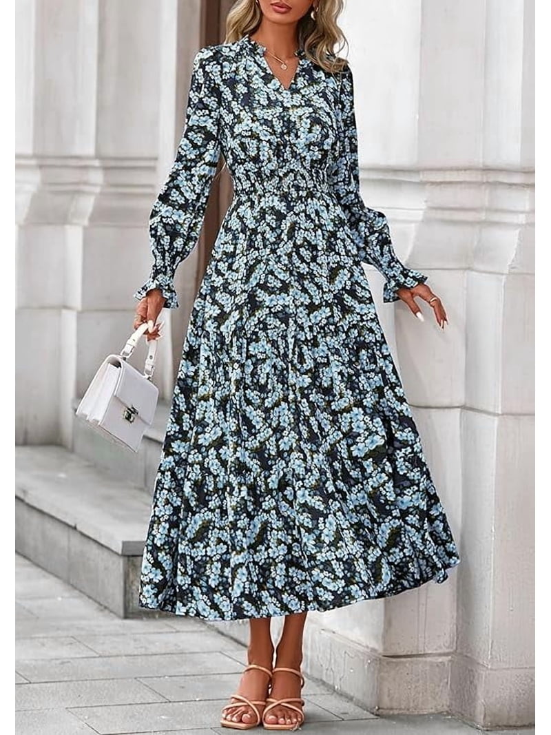 boho party dresses for women Prettygarden Women's Floral Maxi Dress Spring Long Sleeve V Neck Casual A Line Long Flowy Boho Party Dresses, Size: Medium, Black