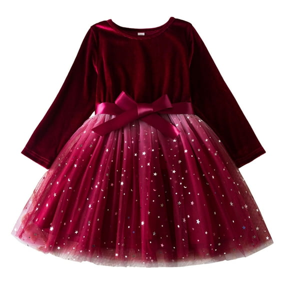 Little Girls Christmas Dresses Children Long Sleeve Bowknot Star Prints Tulle Clothes Dress Size 5-6T