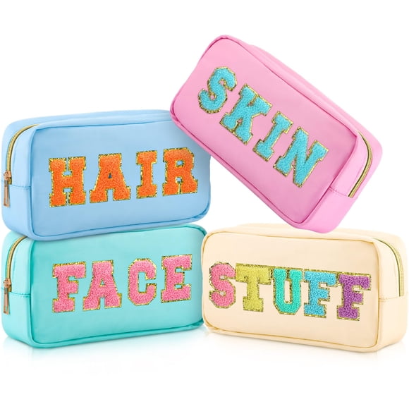 Bolsas de maquillaje Cunno Preppy de nailon con letras de chenilla, 4 unidades, para mujer