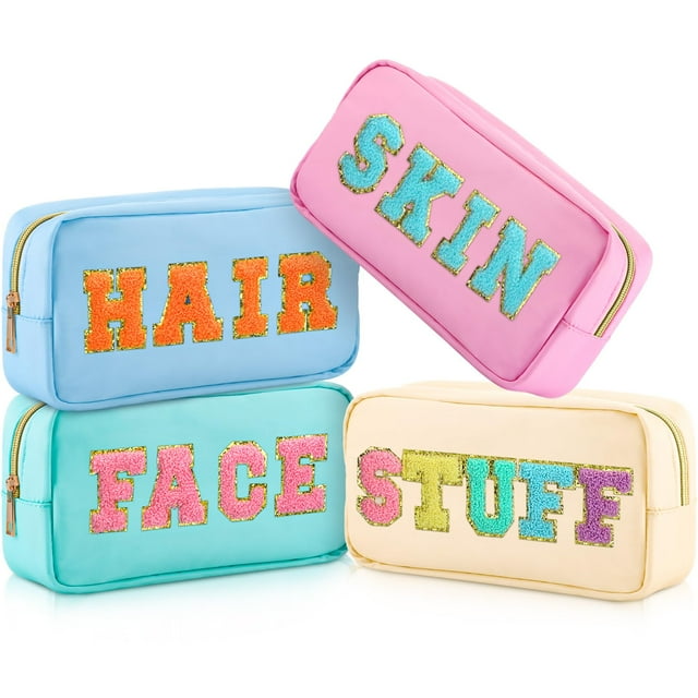 Bolsas de maquillaje Cunno Preppy de nailon con letras de chenilla, 4 unidades, para mujer