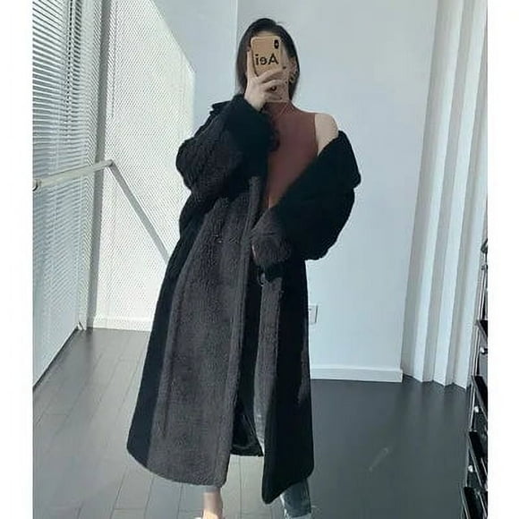 Teddy Bear Coat Women's Grain Wool Fur Teddy Alpaca Profile Mid-length Cashmere Coat - black / M