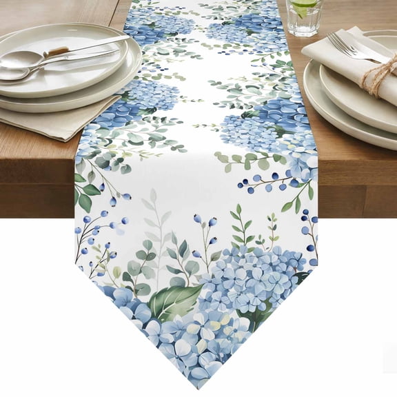 Table Runner 13x36 Inches Long Blue Hydrangea Runner for Table Green Eucalyptus Leaves Flowers Table Runners Cotton Linen Dresser Scarf for Kitchen Holiday Party Home Decor Inndoor Outdoor
