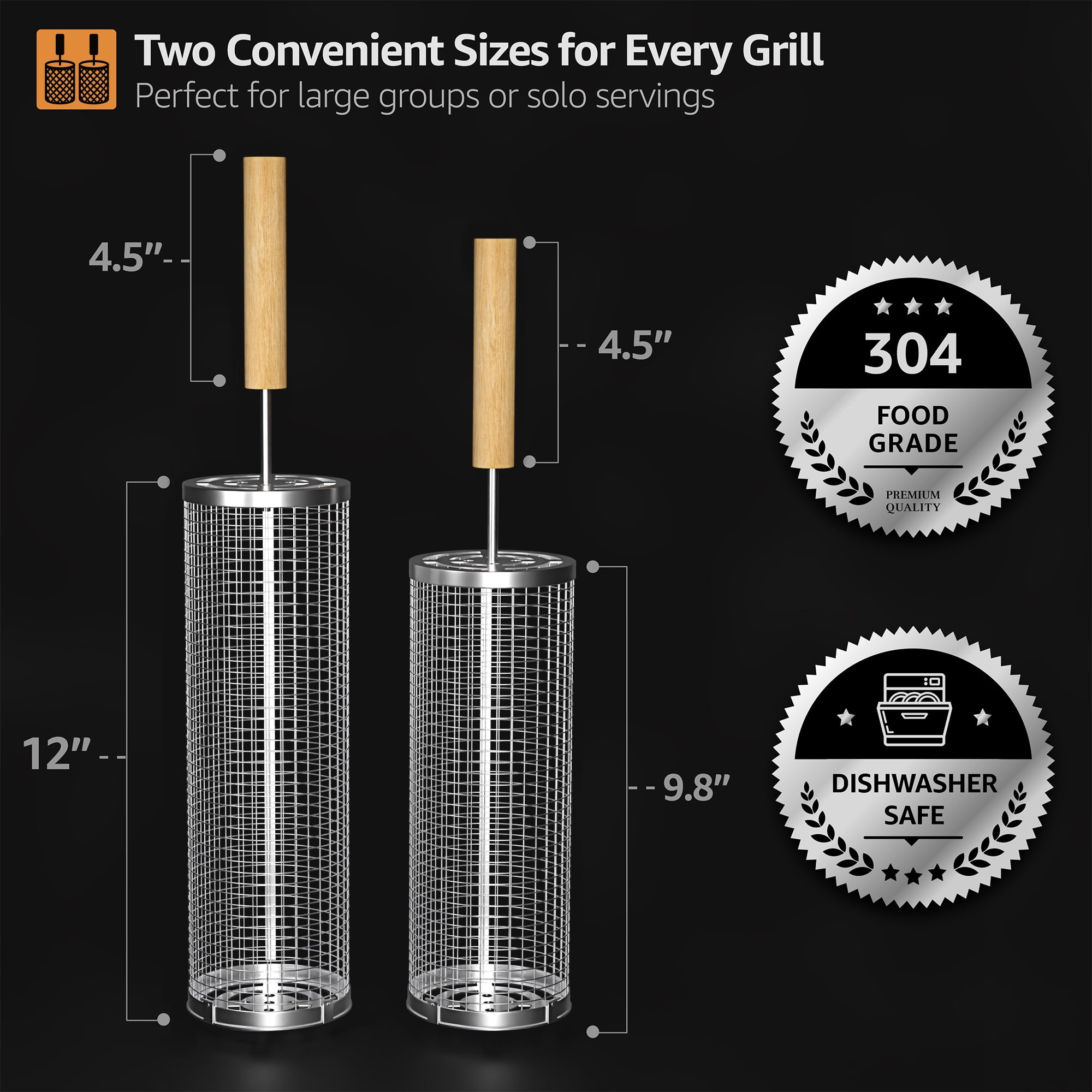Sorbus Rolling Grill Baskets, 2 Pack, Stainless Steel BBQ Grilling Nets with Removable Handle