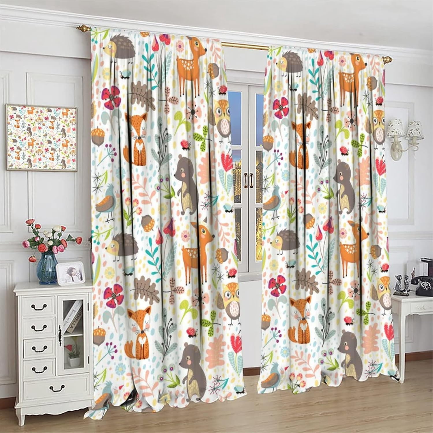 Kids Cartoon Curtains Colorful Cute Funny Forest Animals Fox Hedgehog Bear Deer Art Print for Kids Bedroom Nursery Decor Rod Pocket Blackout Window Drapes 2 Panels 52x84in