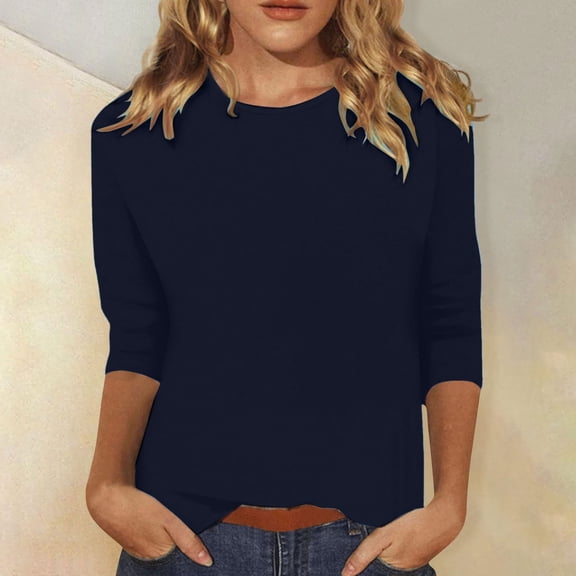 LINGLANG Womens Tops Trendy 3/4 Length Sleevetops Casual Loose Fit Crewneck T Shirts Cute Solid 3/4 Length Tunic Tops Under $5
