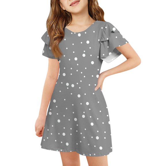 XADYUY Girls Dresses Casual A-Line Ruffle Sleeve Tshirt Dresses Polka Dot Crew Neck Swing Beach Sundresses 5-6 Years,Gray