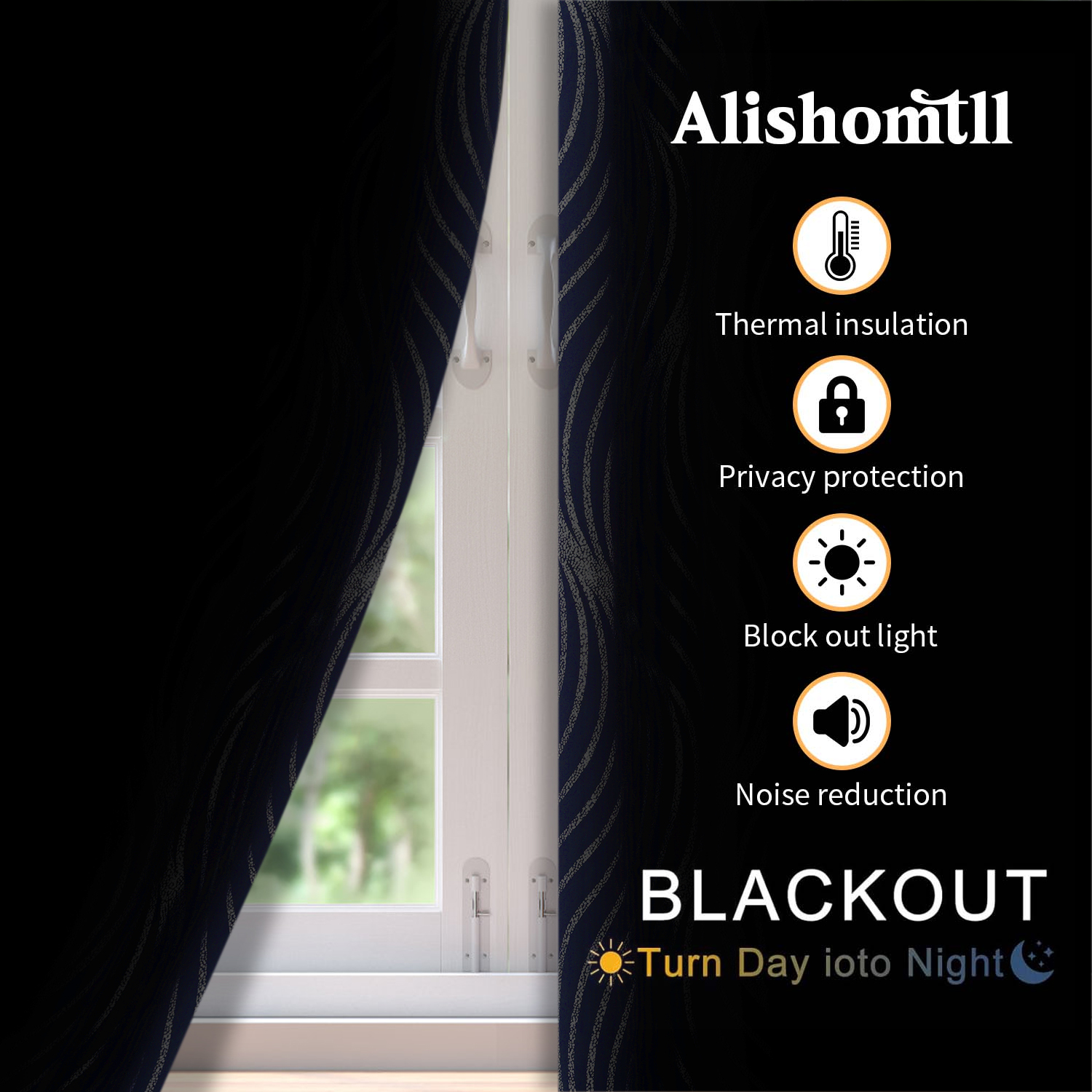 Alishomtll Navy Blue Blackout Curtains for Living Room ,Modern Metallic Silver Wave Pattern Bedroom Thermal Insulated Drapes ,2 Panel Set,52"x63"