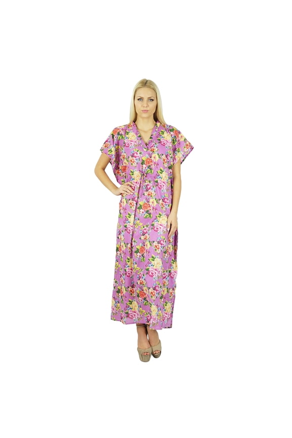 Women Long Cotton Custom Kaftan White Floral Night Wear Classic Caftan Dress
