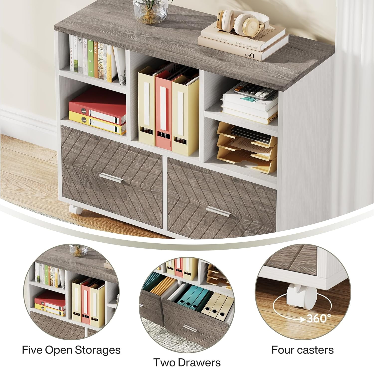 L-Shaped Executive Desk with Reversible File Cabinet, 3" Office Desk with Storage Drawers, Gray & White