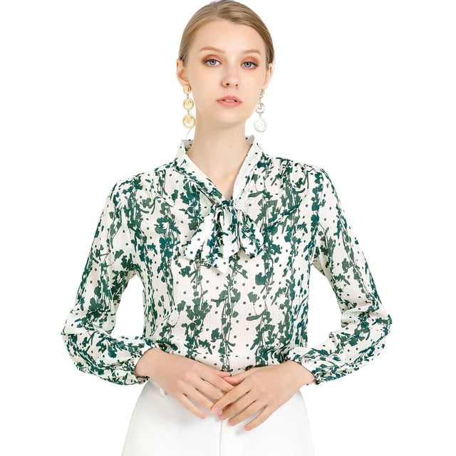 Allegra K Blusa Estampado Floral Manga Del Obispo Cuello Del Lazo Elegante De Trabajo Para Mujeres Blanco XL Unique Bargains Blusa