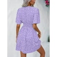 thumbnail image 4 of Women's Summer Dresses Boho Midi Sleeve Dress Floral Print V Neck A Line Pleated Casual Fit Elegant Vacation Sundress (Purple,Large), 4 of 6